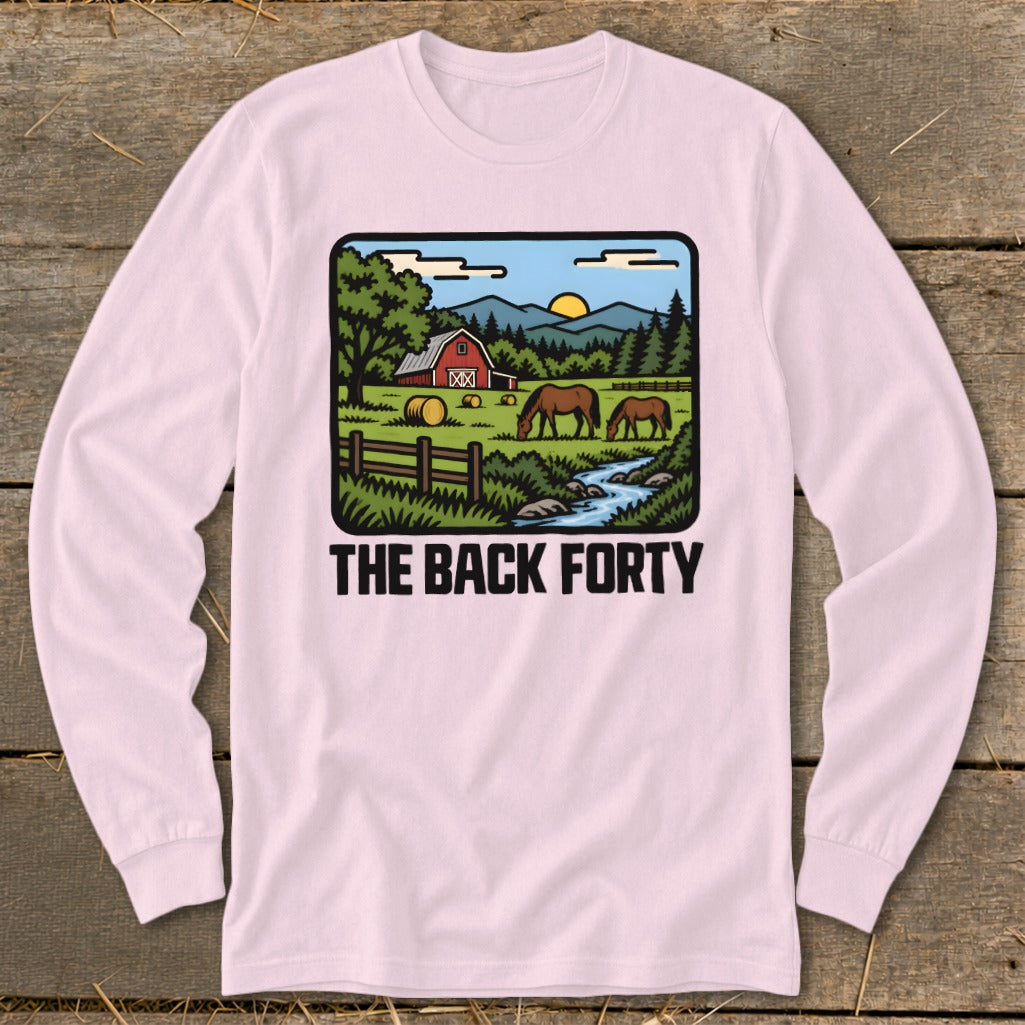 A light pink long-sleeve t-shirt features a vintage farm illustration and the text The Back Forty.