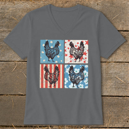 T-shirt with four squares, each featuring a stylized chicken on a patriotic background.