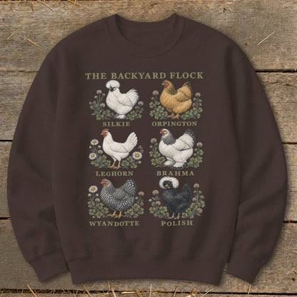 "The Backyard Flock" graphic with six illustrated chicken breeds.