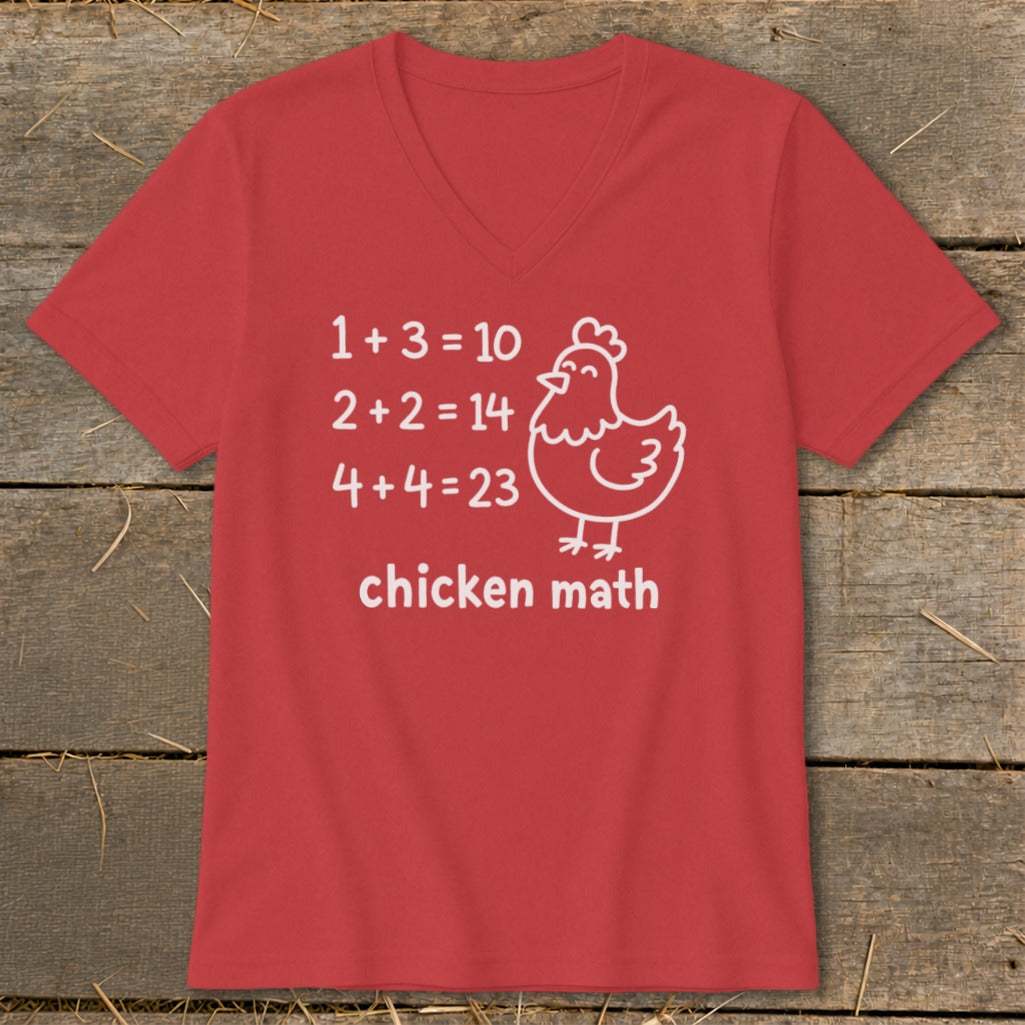 Red t-shirt with "chicken math" joke and cartoon chicken illustration.