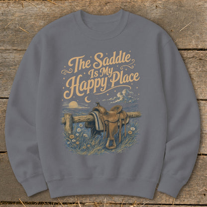 Grey sweatshirt with "The Saddle Is My Happy Place" text and a saddle on a fence.