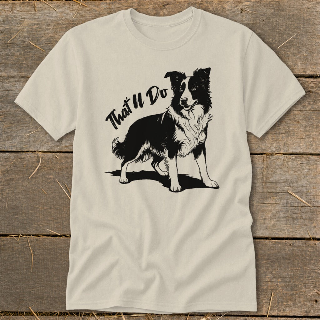 T-shirt with black and white border collie graphic and text "That'll Do".