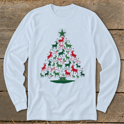 White long-sleeve shirt with a Christmas tree design made of red and green goats.