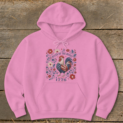 Pink hoodie with patriotic rooster graphic and text "RULER OF THE ROOST SINCE 1776".