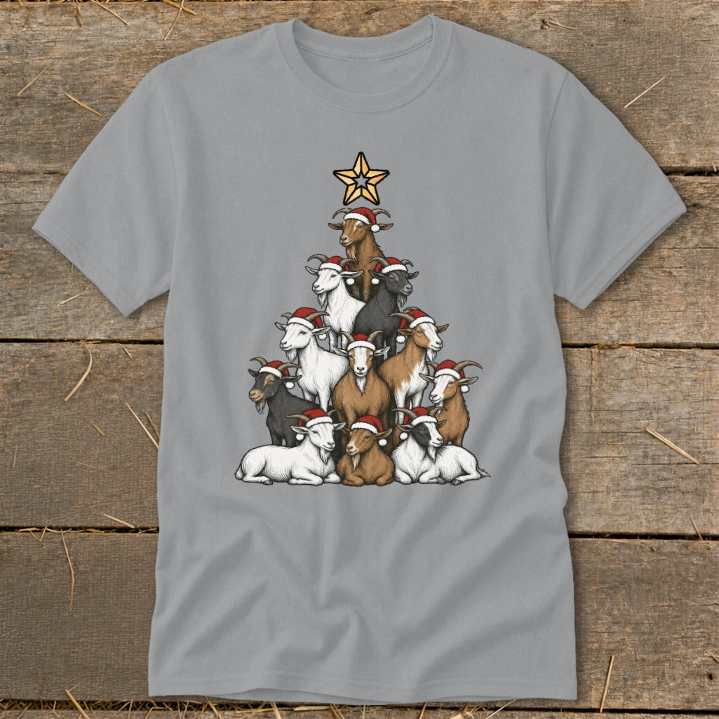Goats in Santa hats stacked as a Christmas tree with a star on top.