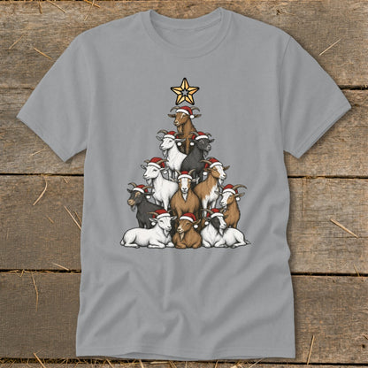 Goats in Santa hats stacked as a Christmas tree with a star on top.