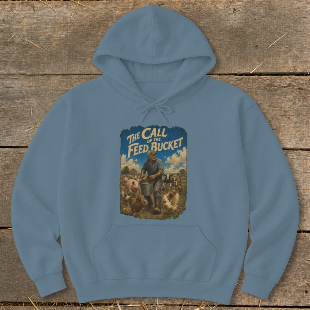 "The Call of the Feed Bucket" graphic with farmer feeding pigs and chickens.