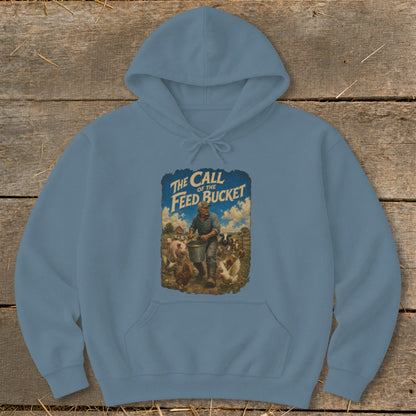 "The Call of the Feed Bucket" graphic with farmer feeding pigs and chickens.