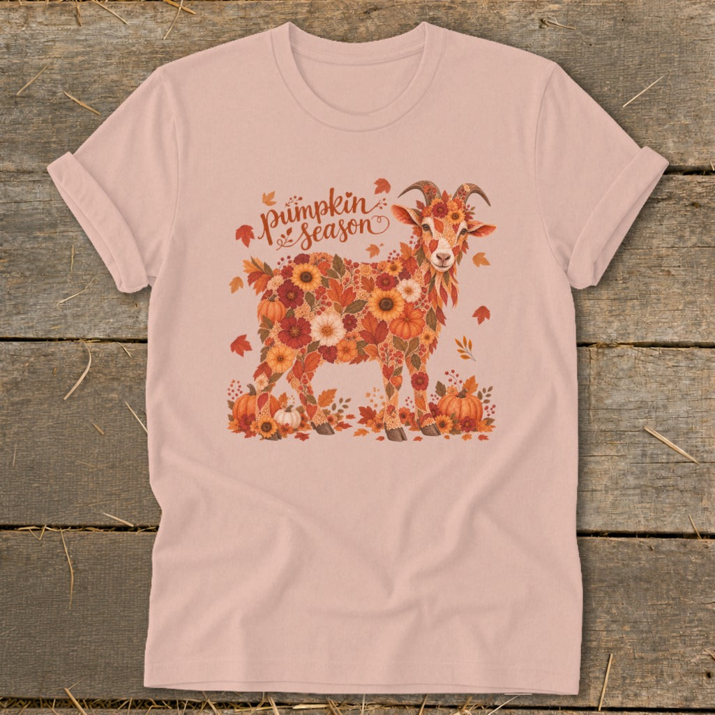 Pink t-shirt with a goat made of autumn flowers and leaves, saying "Pumpkin season."