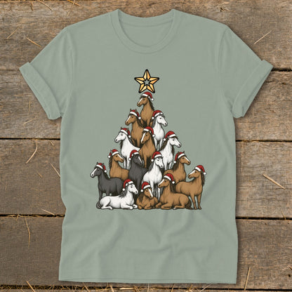 Horses wearing Santa hats arranged as a Christmas tree with a star on top.