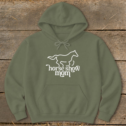 Olive green hoodie with white horse outline and "horse show mom" text.