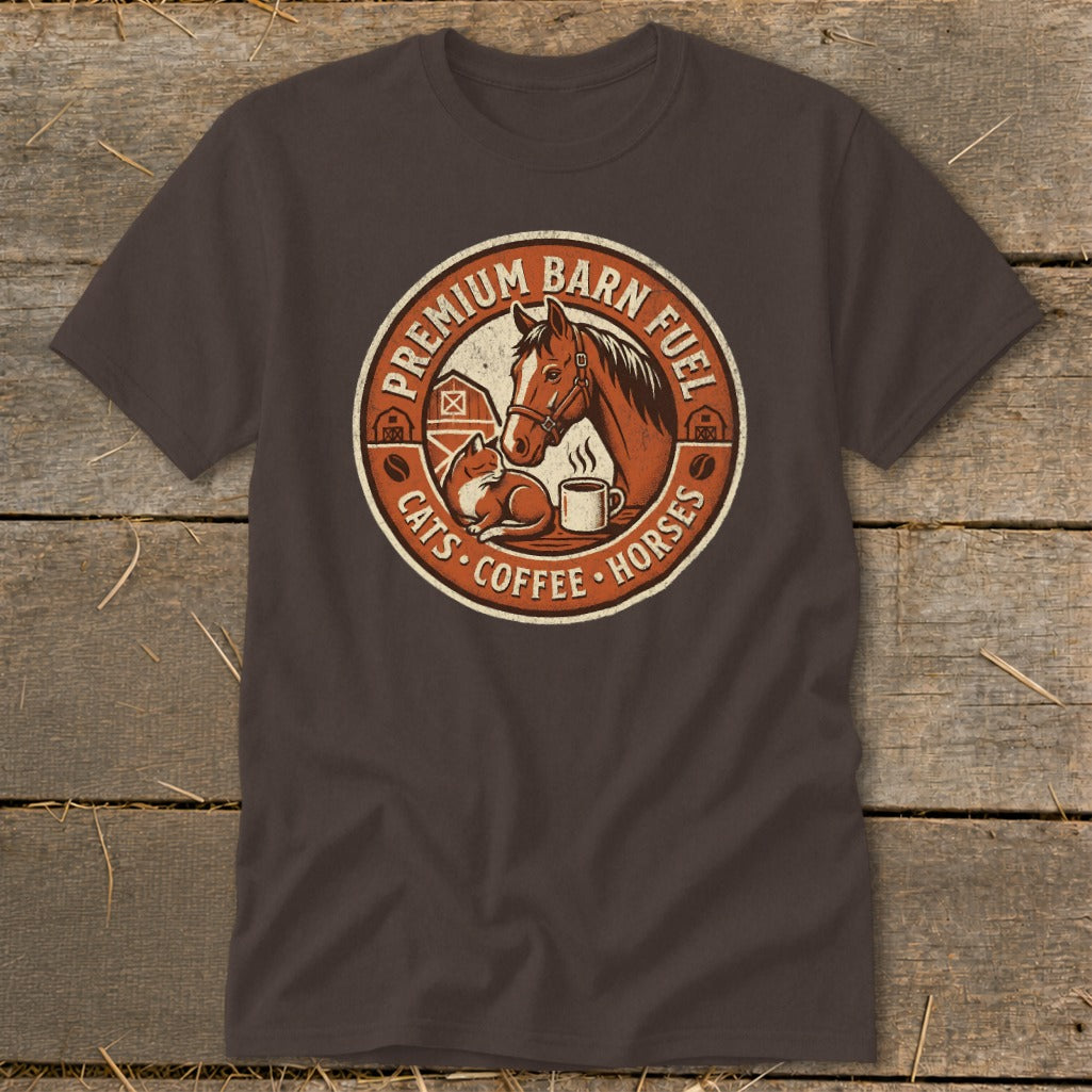 Brown t-shirt with a circular logo featuring a horse, cat, barn, and coffee cup.