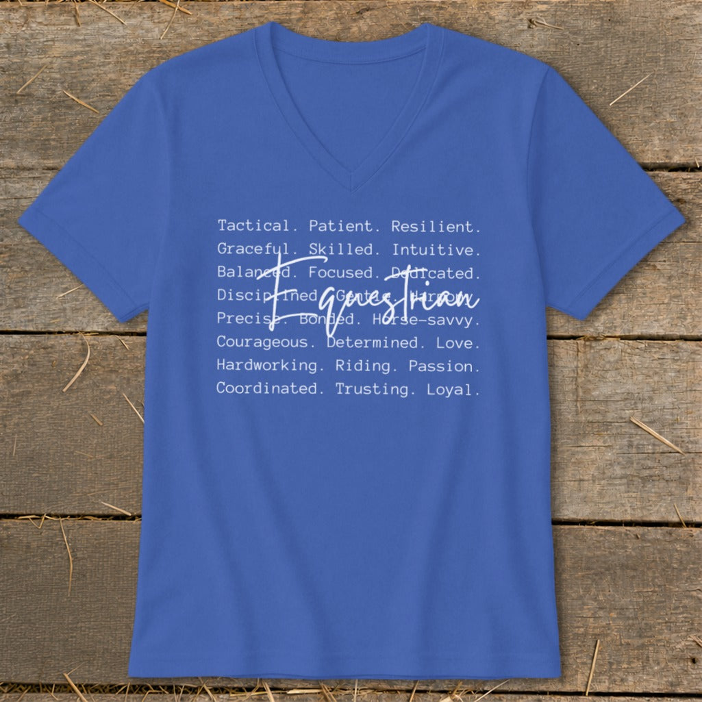 Blue t-shirt with white text listing qualities of an equestrian.