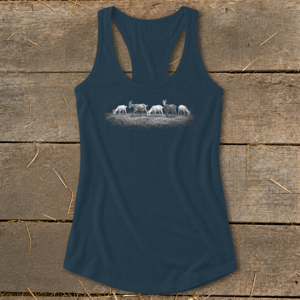 Dark blue tank top with a graphic of goats grazing in a field.