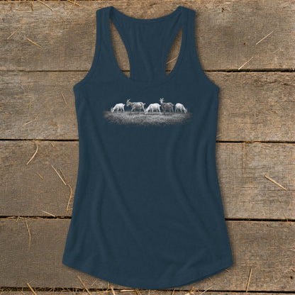 Dark blue tank top with a graphic of goats grazing in a field.