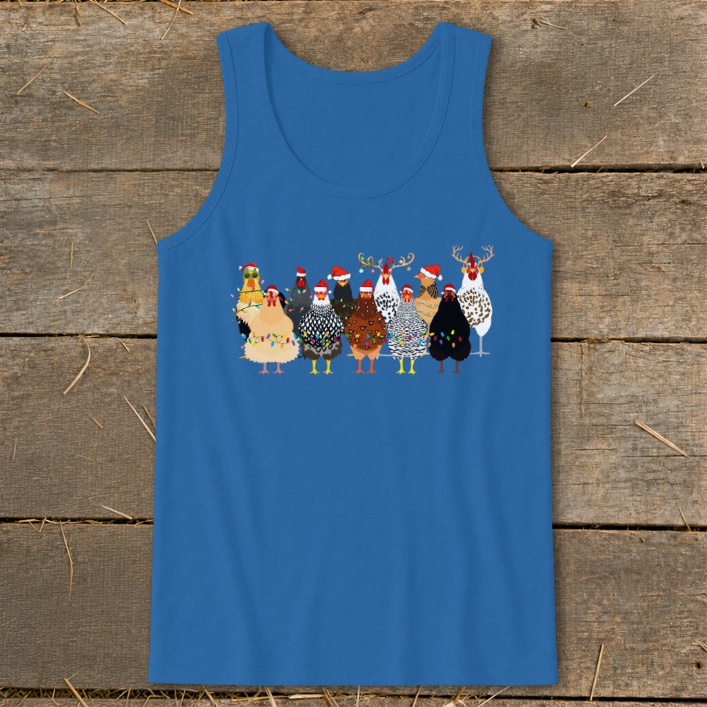 A row of chickens wearing Santa hats and Christmas lights, with reindeer antlers on some.
