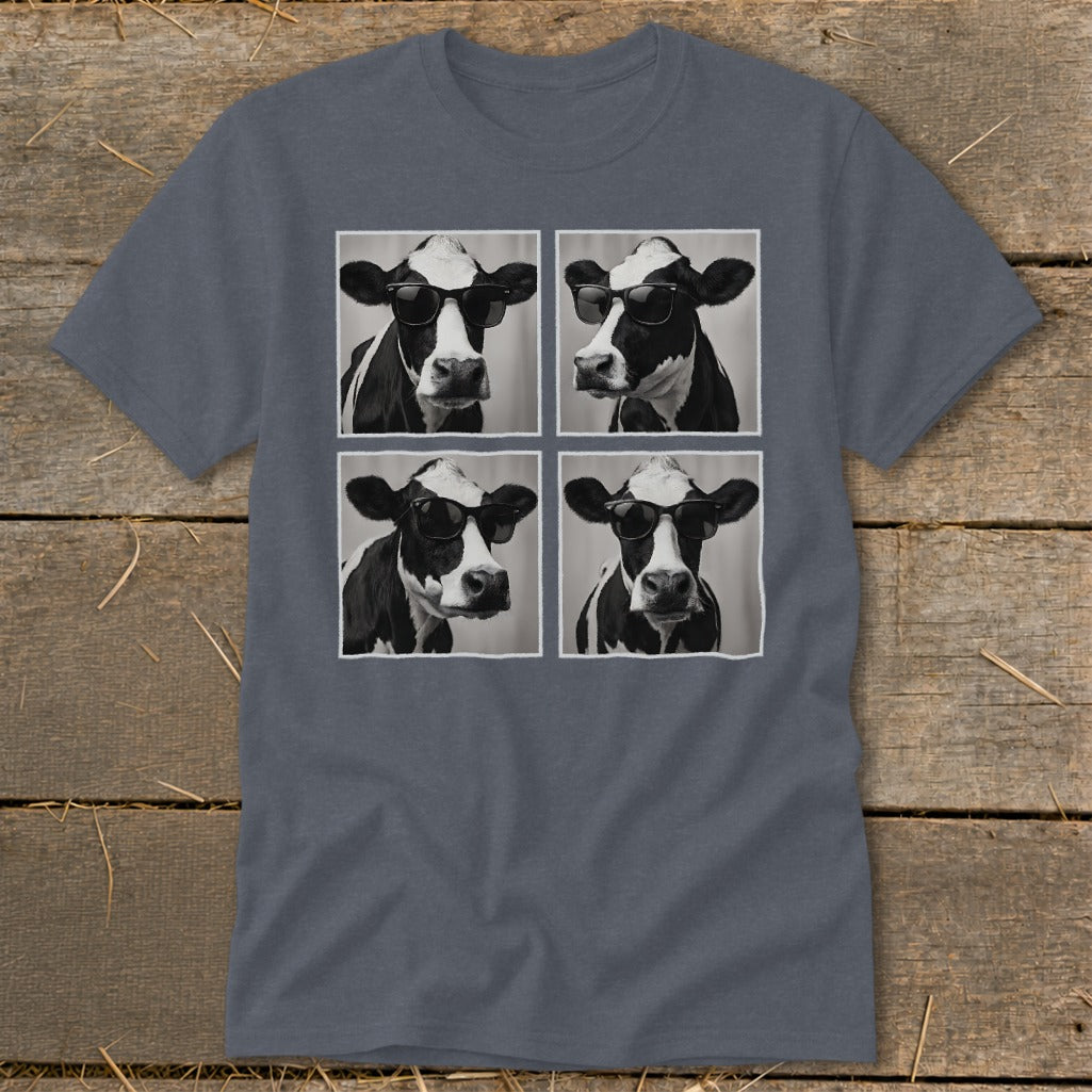 Four black and white cow portraits wearing sunglasses arranged in a grid on a t-shirt.
