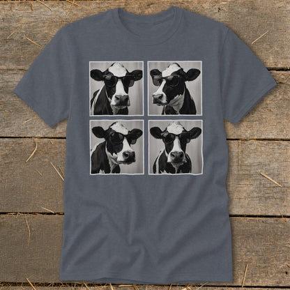 Four black and white cow portraits wearing sunglasses arranged in a grid on a t-shirt.