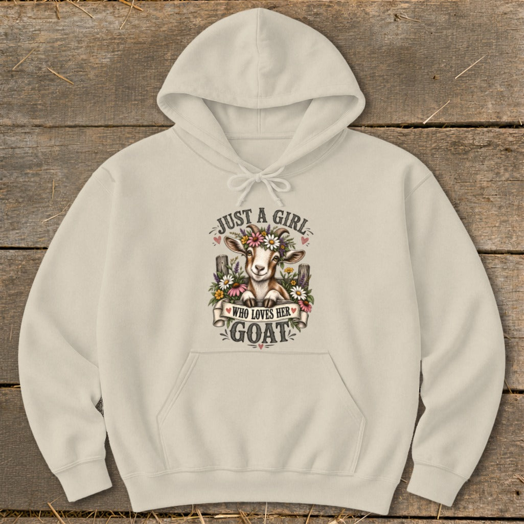 Light cream hoodie with a goat wearing flowers and text "JUST A GIRL WHO LOVES HER GOAT".