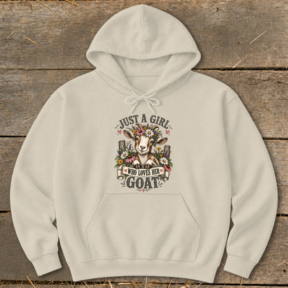 Light cream hoodie with a goat wearing flowers and text "JUST A GIRL WHO LOVES HER GOAT".