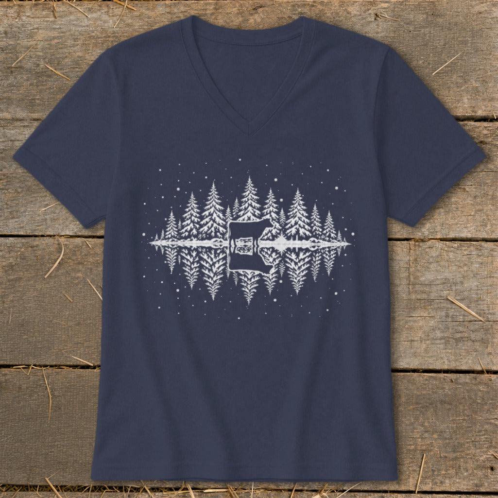 Navy v-neck t-shirt with white forest and moose reflection graphic.