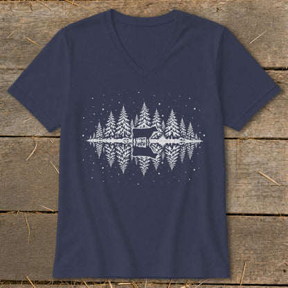 Navy v-neck t-shirt with white forest and moose reflection graphic.