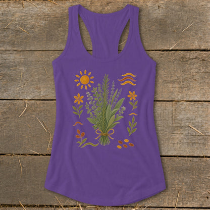 Purple tank top with a bouquet of lavender and surrounding botanical illustrations.