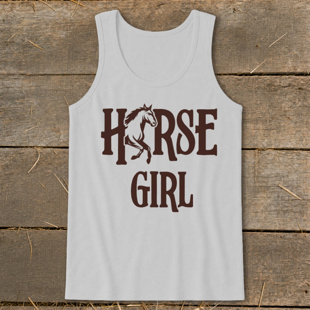 White tank top with brown "HORSE GIRL" text and horse graphic.