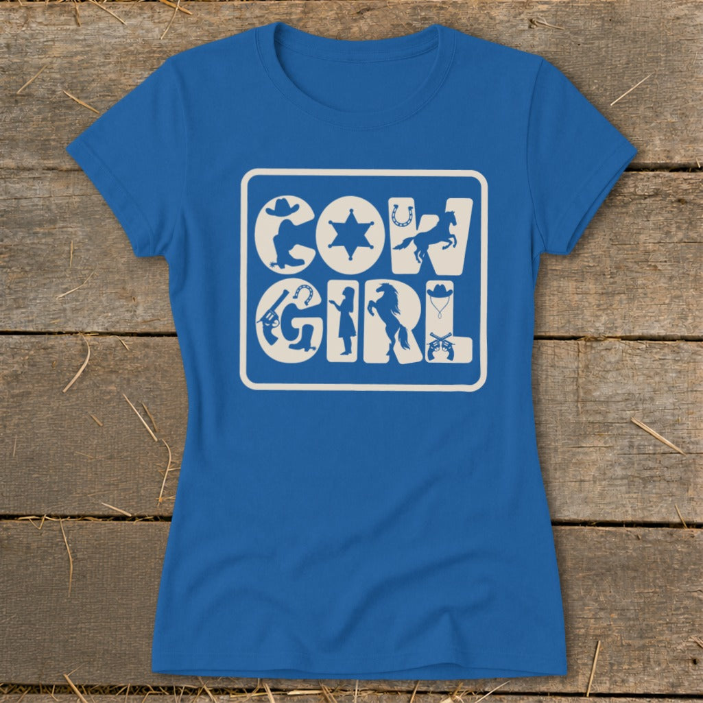 Blue t-shirt with cream graphic reading "COW GIRL" with western icons.