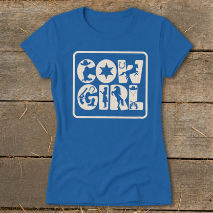 Blue t-shirt with cream graphic reading "COW GIRL" with western icons.