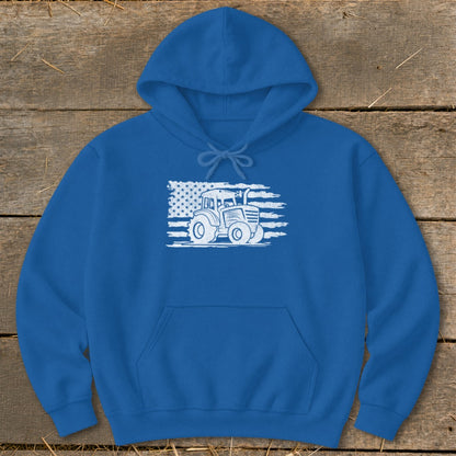 Royal blue hoodie with a white tractor and distressed American flag graphic.