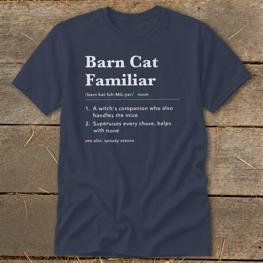 Navy t-shirt with "Barn Cat Familiar" definition and "spooky season" notation.