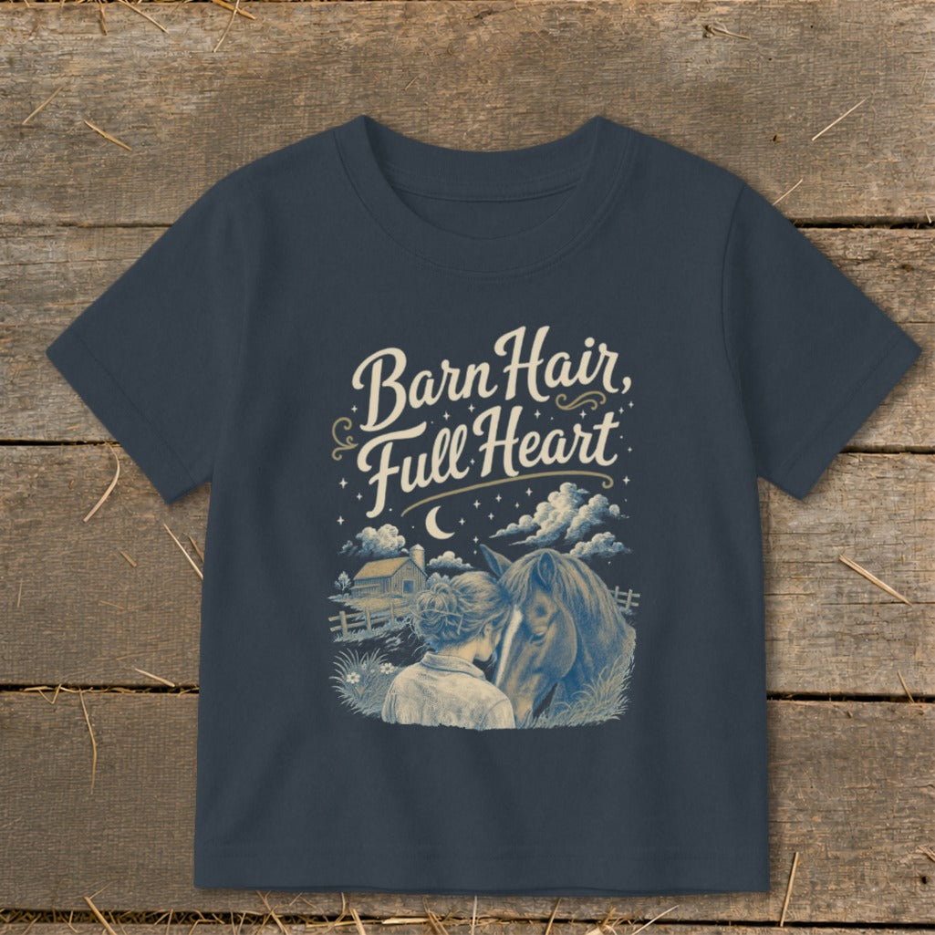 Children's navy t-shirt with "Barn Hair, Full Heart" graphic of girl and horse.