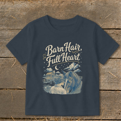 Children's navy t-shirt with "Barn Hair, Full Heart" graphic of girl and horse.