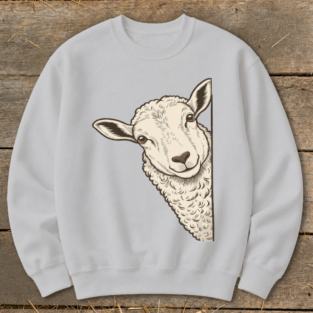 Light gray crewneck sweatshirt with a detailed illustration of a sheep peeking from the side.