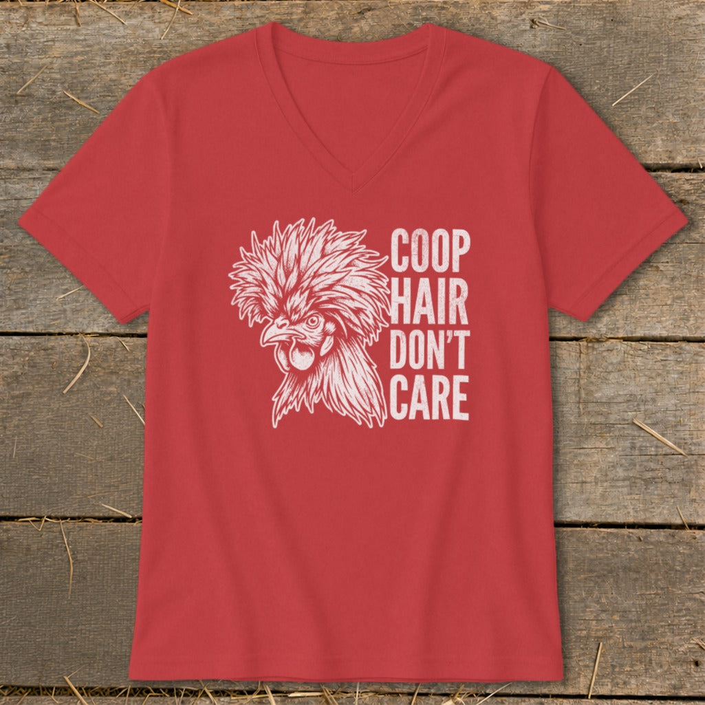 Red t-shirt with white graphic of a chicken and text "Coop Hair Don't Care".