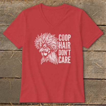 Red t-shirt with white graphic of a chicken and text "Coop Hair Don't Care".