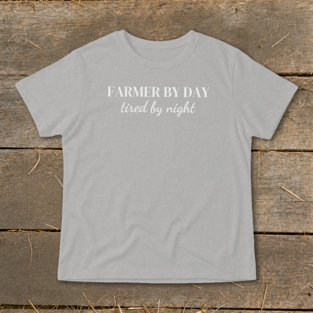 Light grey t-shirt with white text reading "FARMER BY DAY tired by night".