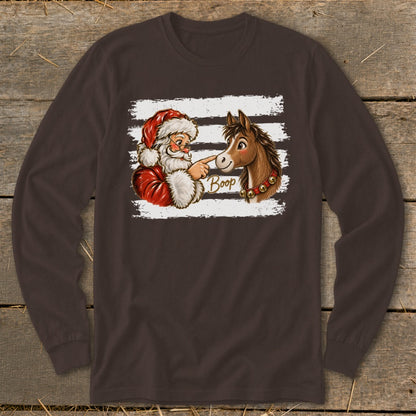 Santa booping a horse with text "Boop" on a long-sleeve brown shirt.