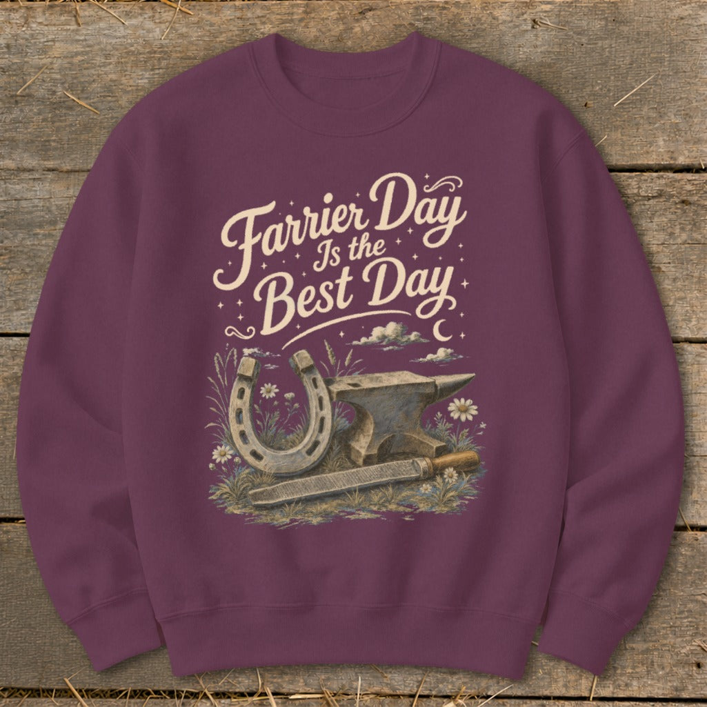 Crewneck sweatshirt with "Farrier Day Is The Best Day" and horseshoe, anvil, and rasp design.