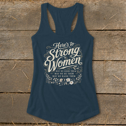 Navy tank top with "Here's to Strong Women" and floral design.