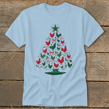Light blue t-shirt with a Christmas tree made of red and green chickens.