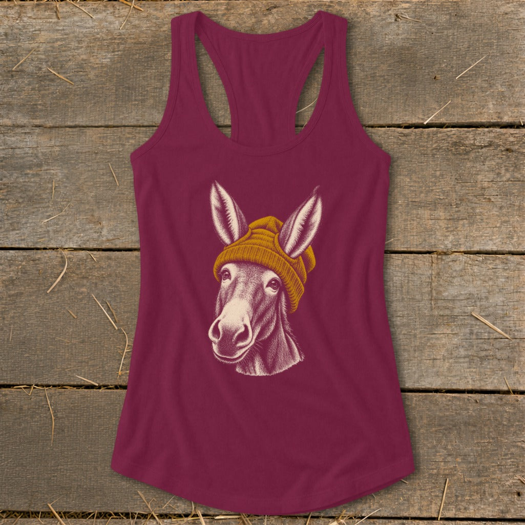 Donkey head wearing a yellow beanie graphic on a burgundy tank top.
