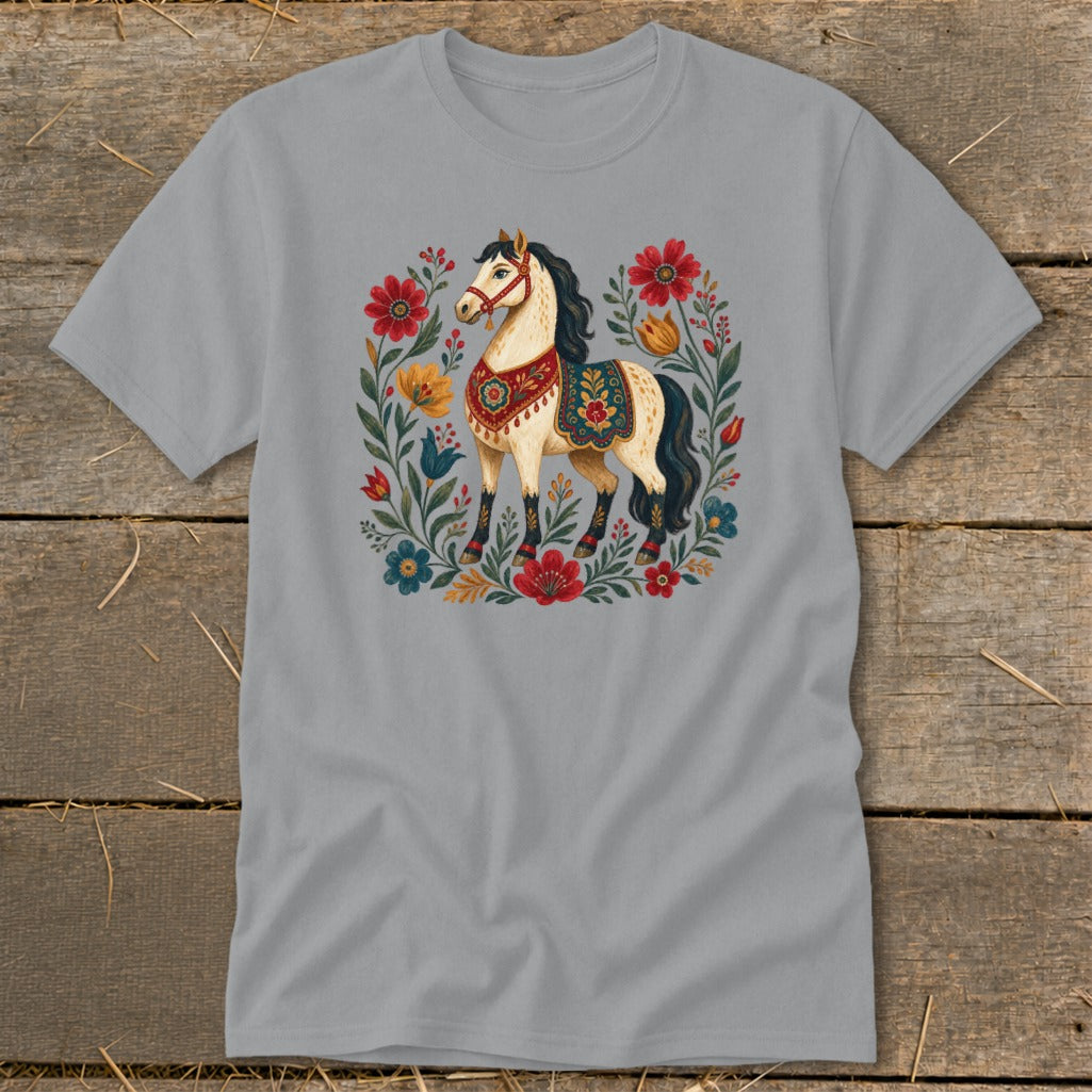 Gray t-shirt with a decorative horse surrounded by colorful flowers and leaves.