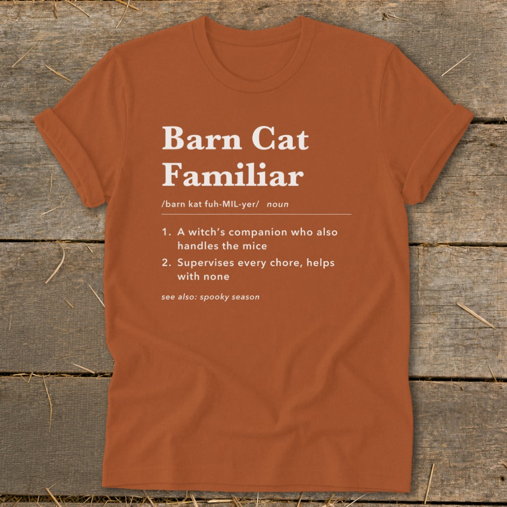 Orange t-shirt with "Barn Cat Familiar" definition and "spooky season" reference.