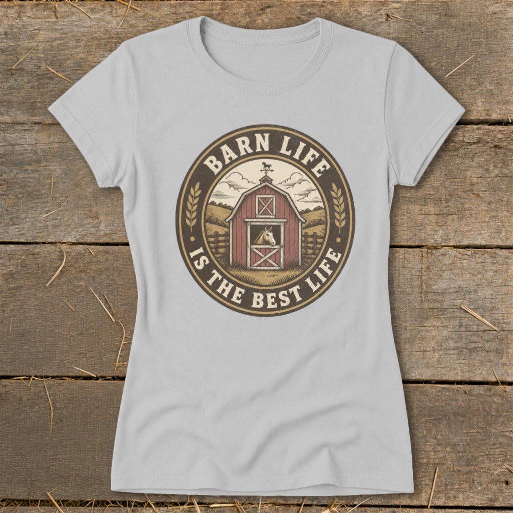 T-shirt graphic with a barn, horse, and text "Barn Life Is The Best Life".