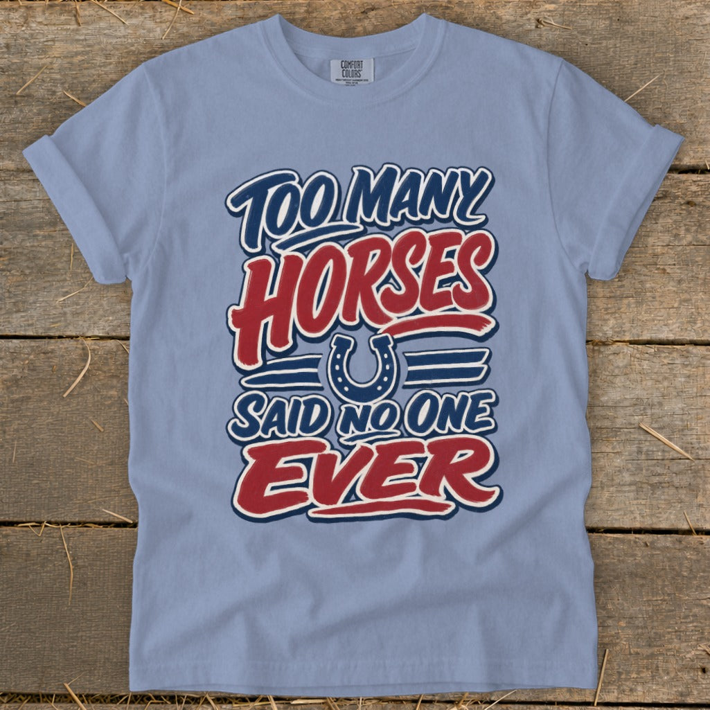 Light blue t-shirt with "TOO MANY HORSES SAID NO ONE EVER" graphic.
