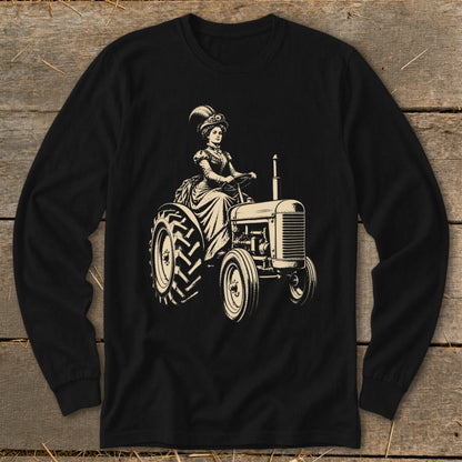 Victorian woman in a feathered hat driving a vintage tractor.