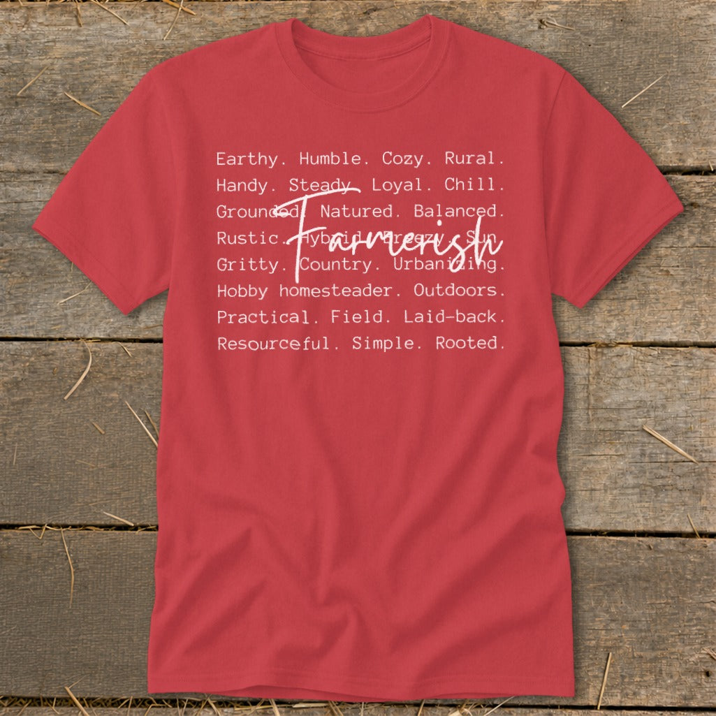 Red t-shirt with white text listing "Farmerish" traits like earthy, humble, and rural.