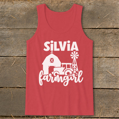 Red tank top with white farm graphic and "SILVIA farmgirl" text.